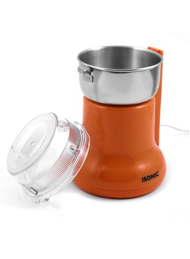 آي سونيك مطحنة قهوة 300 واط بكوب وشفرات من الفولاذ المقاوم للصدأ مع حماية من الحرارة الزائدة لطحن حبوب القهوة والتوابل والمكسرات، IG787، برتقالي - Image 2